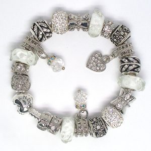925 Sterling silver charm bracelet with silver, white, heart clip, Murano glass, lampwork beads, pavé crystal, and European charms on an authentic Pandora bracelet