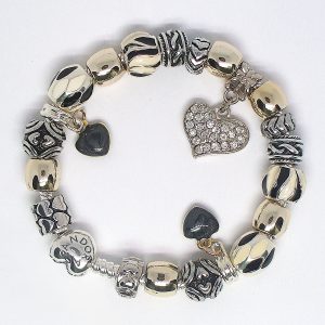 Black charm bracelet with black, gold, silver, heart clip, elegant details, and European charms on an authentic Pandora bracelet