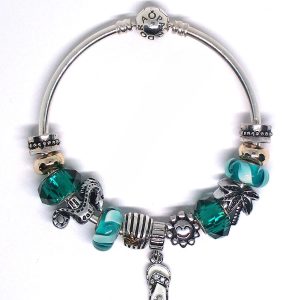 Beach bangle bracelet with blue, aqua, teal, green, silver, Murano glass, faceted beads, Pugster flip flop dangle, and European charms on an authentic Pandora bangle