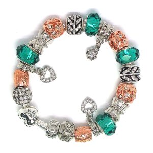Teal charm bracelet with aqua, green, rose gold-plated, silver, heart clip, faceted glass beads, floral details, and European charms on an authentic Pandora bracelet