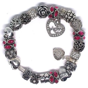 Mother charm bracelet with pink, black, maroon, silver, floral clip, love details, gift-ready style, and European charms on an authentic Pandora bracelet