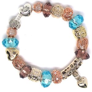 Turquoise charm bracelet with aqua blue, brown, gold, rose gold, silver, heart clip, faceted glass beads, rose gold-plated beads, and European charms on an authentic Pandora bracelet