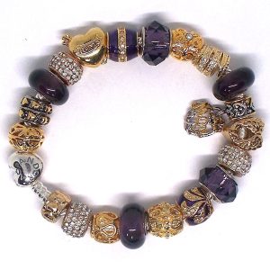 Love mom charm bracelet with purple, gold, silver, black, MOM dangle, gold-plated Pugster charms, Murano glass, pavé crystal, faceted glass, and European-style charms on an authentic Pandora bracelet