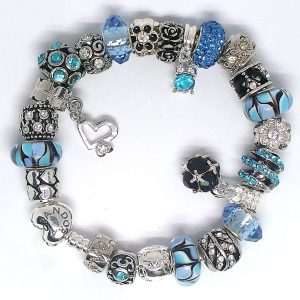 Retro charm bracelet with blue, black, white, silver, LOVE clip, Murano glass, pavé crystal, faceted beads, and European-style charms on an authentic Pandora bracelet