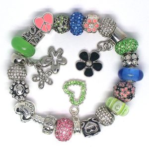 Groovy power charm bracelet with silver, colorful heart, flower, peace, love, Murano glass, pavé crystal, and European-style charms on an authentic Pandora bracelet