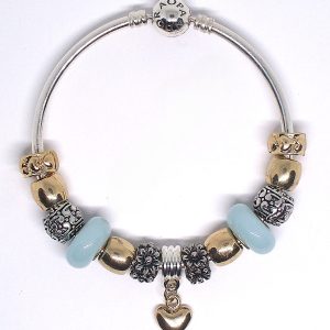 Gold floral bangle bracelet with pastel blue, gold, silver, heart, flower, Murano glass, and European-style charms on an authentic Pandora bangle
