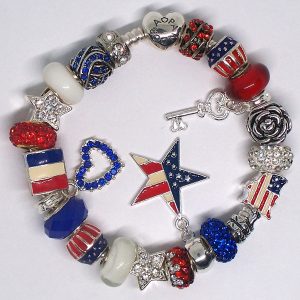 Stars and Stripes USA bracelet with patriotic red white and blue on an authenic Pandora S925 sterling silver bracelet styled with European charms